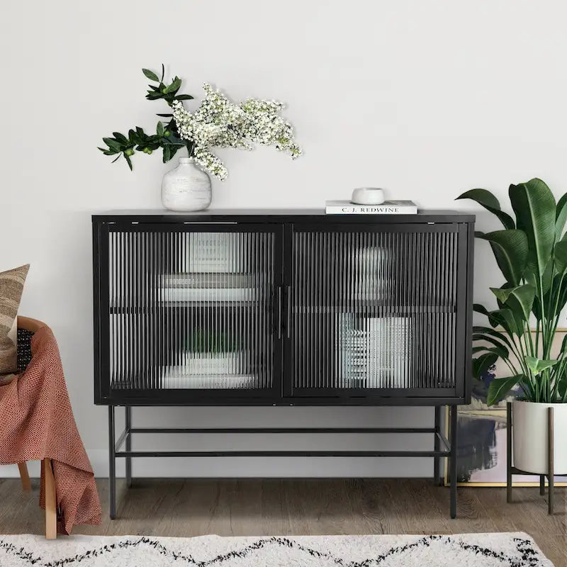 Meuble de rangement à deux portes en verre trempé avec étagère réglable