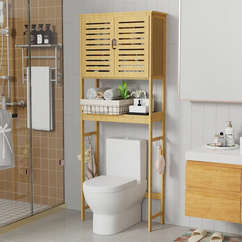 Étagère de rangement en bambou à placer au-dessus des toilettes avec armoire et étagère ouverte