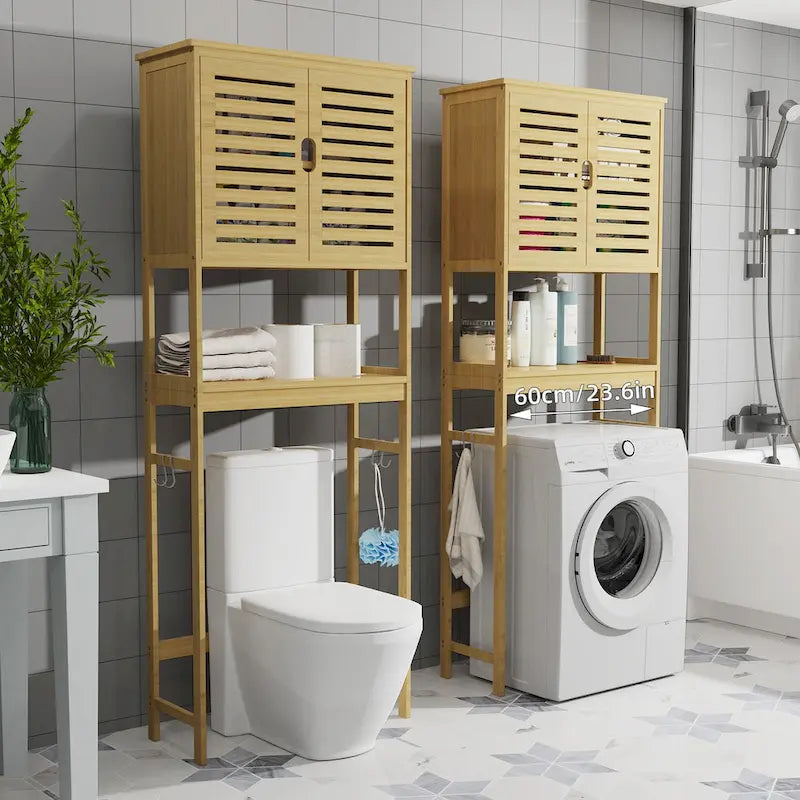 Étagère de rangement en bambou à placer au-dessus des toilettes avec armoire et étagère ouverte