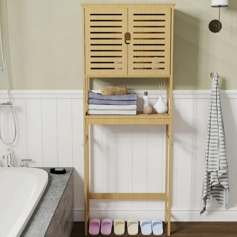Étagère de rangement en bambou à placer au-dessus des toilettes avec armoire et étagère ouverte