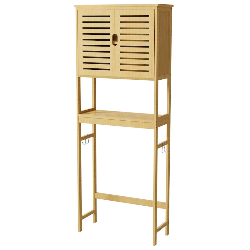 Étagère de rangement en bambou à placer au-dessus des toilettes avec armoire et étagère ouverte