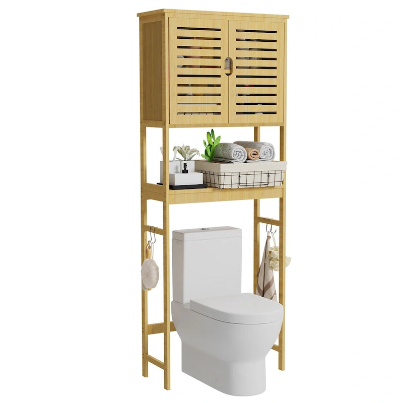 Étagère de rangement en bambou à placer au-dessus des toilettes avec armoire et étagère ouverte