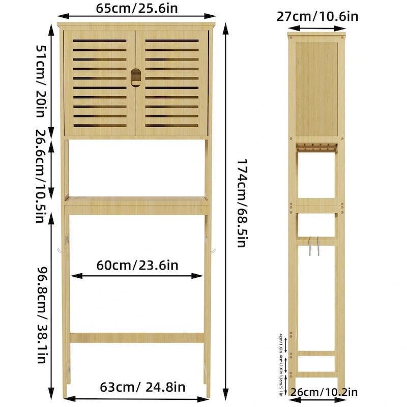 Étagère de rangement en bambou à placer au-dessus des toilettes avec armoire et étagère ouverte