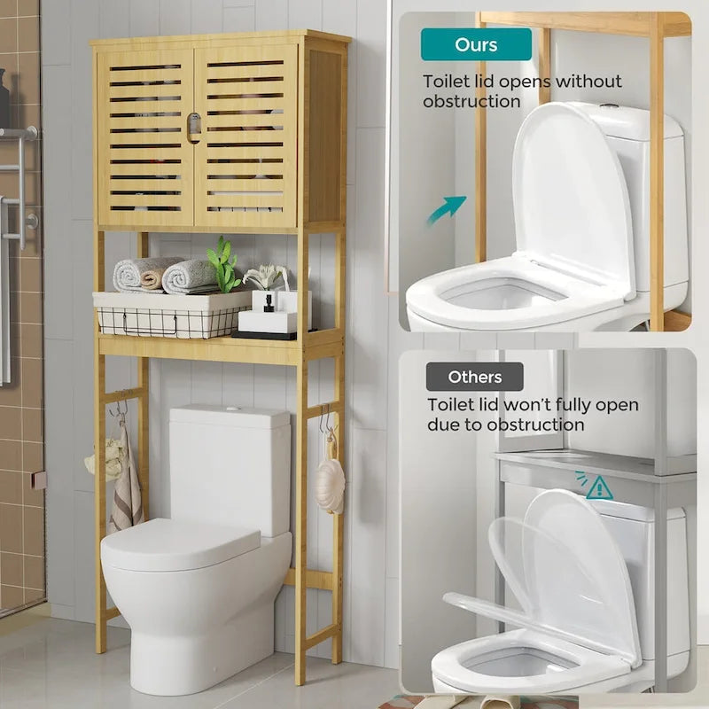 Étagère de rangement en bambou à placer au-dessus des toilettes avec armoire et étagère ouverte