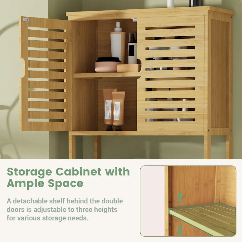 Étagère de rangement en bambou à placer au-dessus des toilettes avec armoire et étagère ouverte