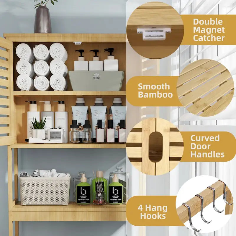 Étagère de rangement en bambou à placer au-dessus des toilettes avec armoire et étagère ouverte