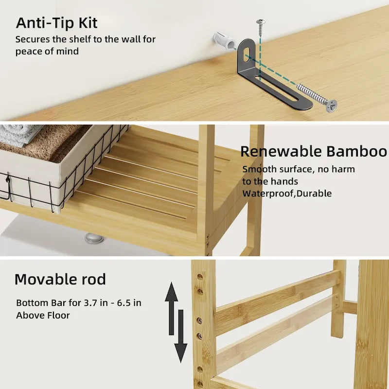 Étagère de rangement en bambou à placer au-dessus des toilettes avec armoire et étagère ouverte