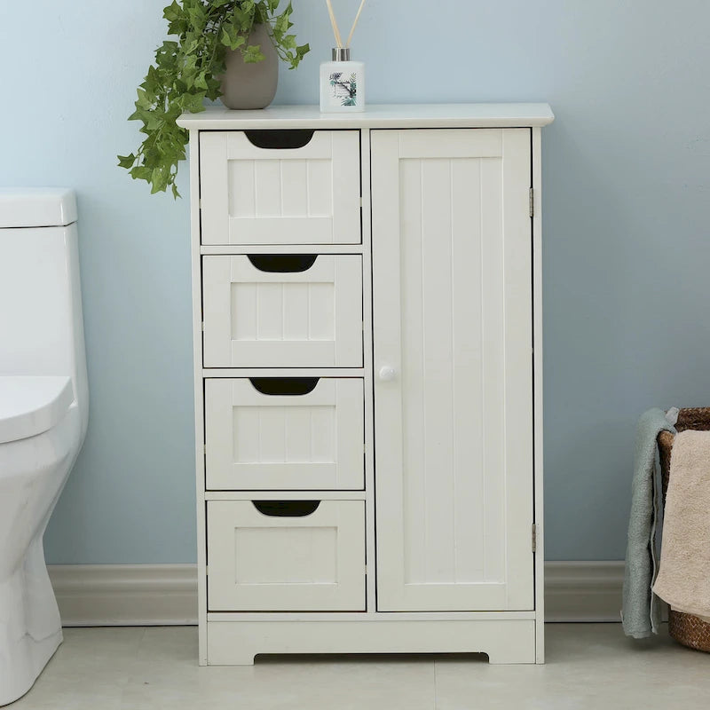 Meuble de Rangement de Salle de Bain 4 Tiroirs 1 Porte en Bois Blanc