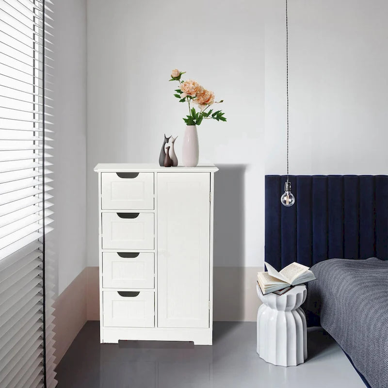 Meuble de Rangement de Salle de Bain 4 Tiroirs 1 Porte en Bois Blanc