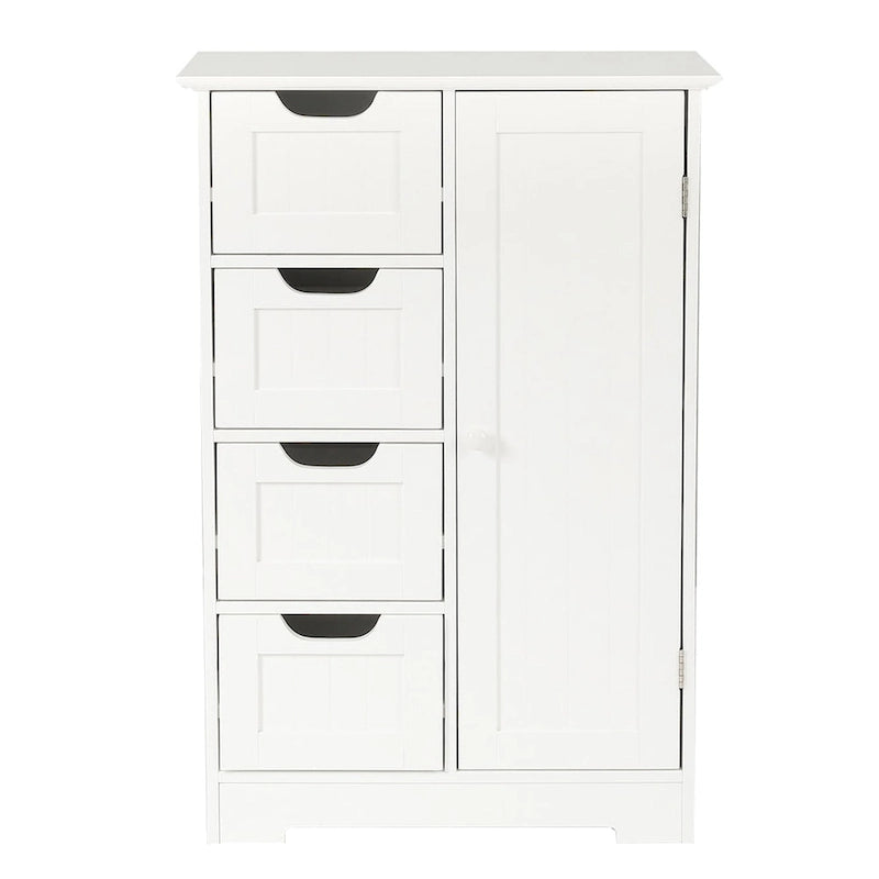 Meuble de Rangement de Salle de Bain 4 Tiroirs 1 Porte en Bois Blanc