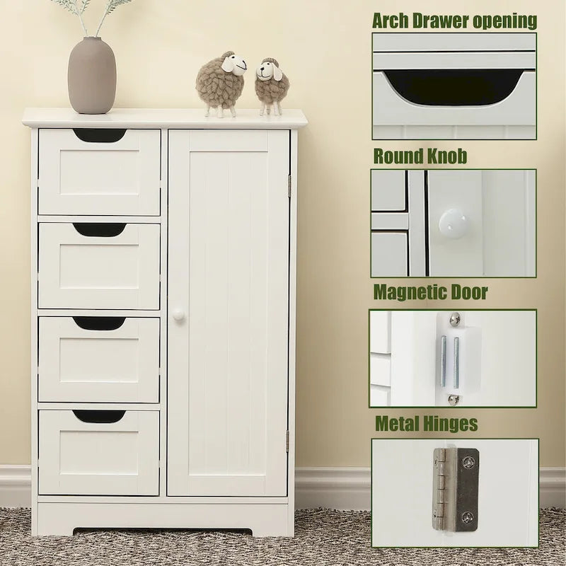 Meuble de Rangement de Salle de Bain 4 Tiroirs 1 Porte en Bois Blanc