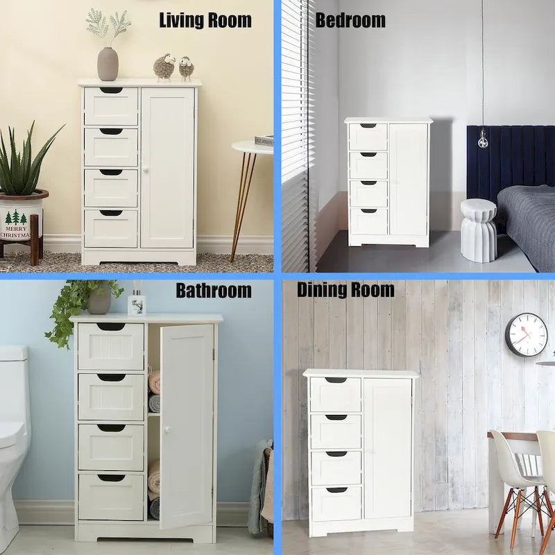 Meuble de Rangement de Salle de Bain 4 Tiroirs 1 Porte en Bois Blanc