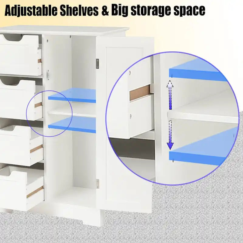 Meuble de Rangement de Salle de Bain 4 Tiroirs 1 Porte en Bois Blanc