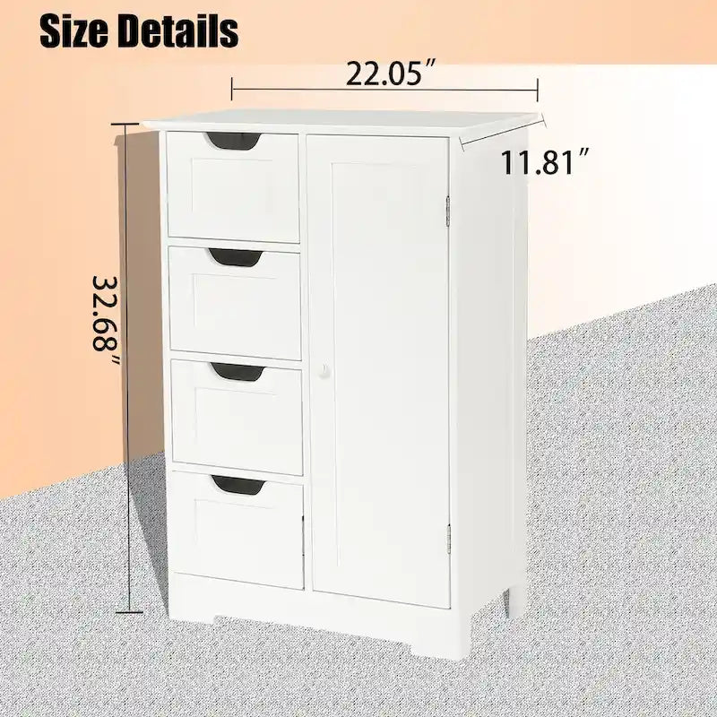 Meuble de Rangement de Salle de Bain 4 Tiroirs 1 Porte en Bois Blanc