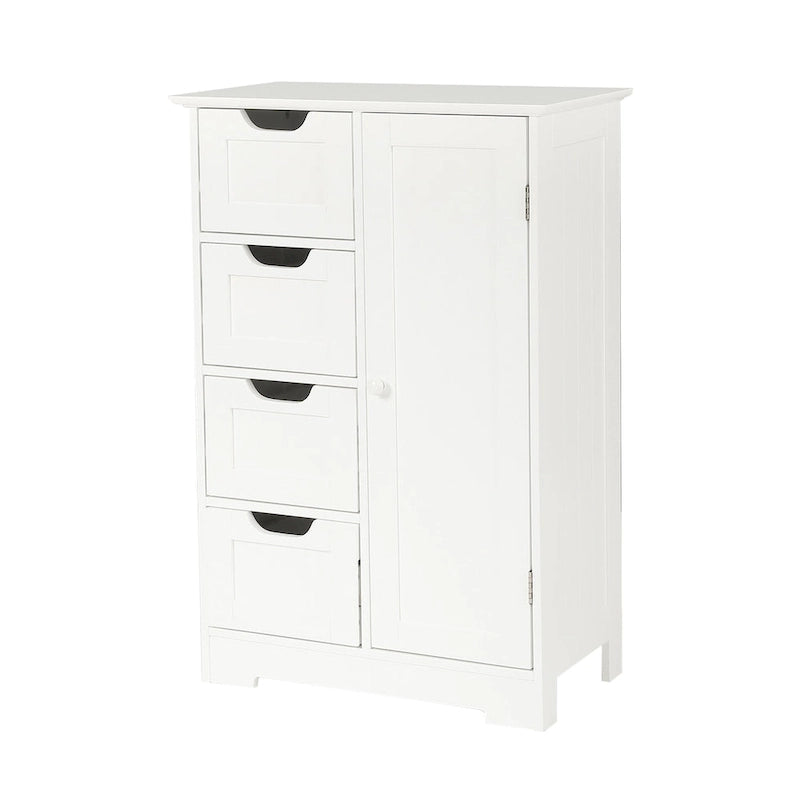Meuble de Rangement de Salle de Bain 4 Tiroirs 1 Porte en Bois Blanc