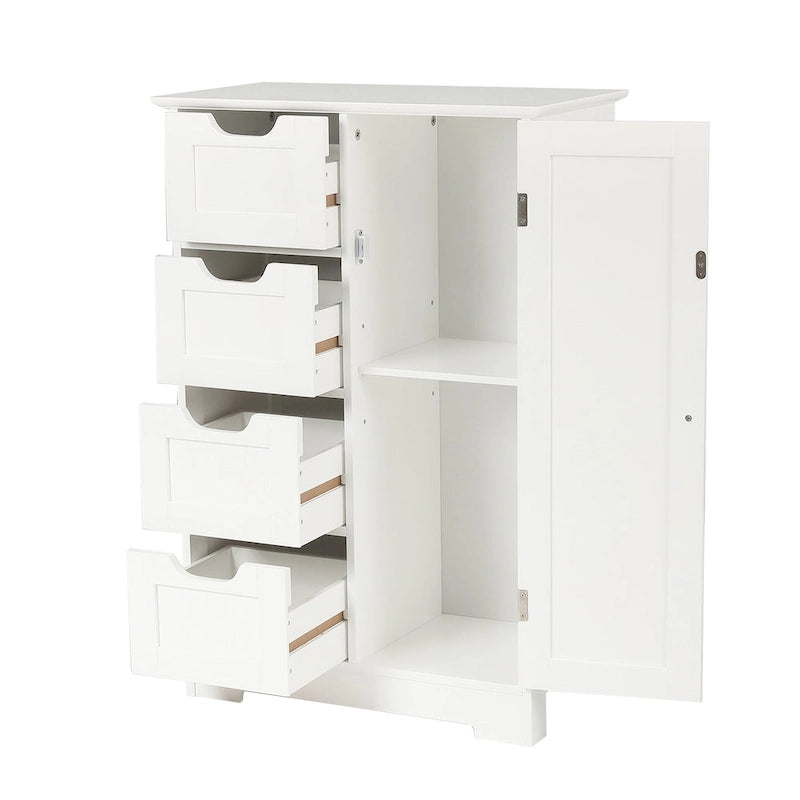 Meuble de Rangement de Salle de Bain 4 Tiroirs 1 Porte en Bois Blanc