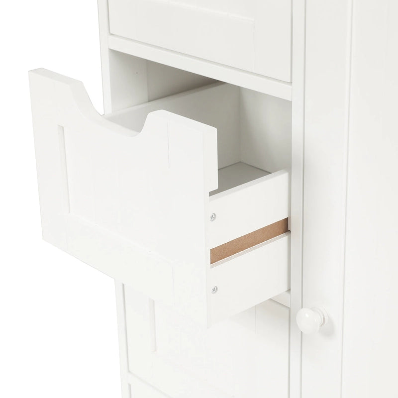 Meuble de Rangement de Salle de Bain 4 Tiroirs 1 Porte en Bois Blanc