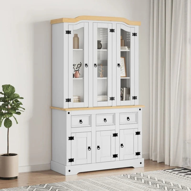 vidaXL Highboard, 44.1x17x77.2 Inches, White and Natural Finish Top - 44.1 x 16.9 x 77.2
