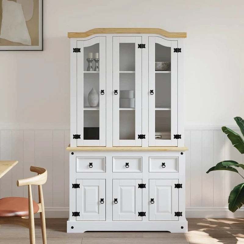 Buffet haut, 112x43x196 cm, blanc et plateau finition naturelle