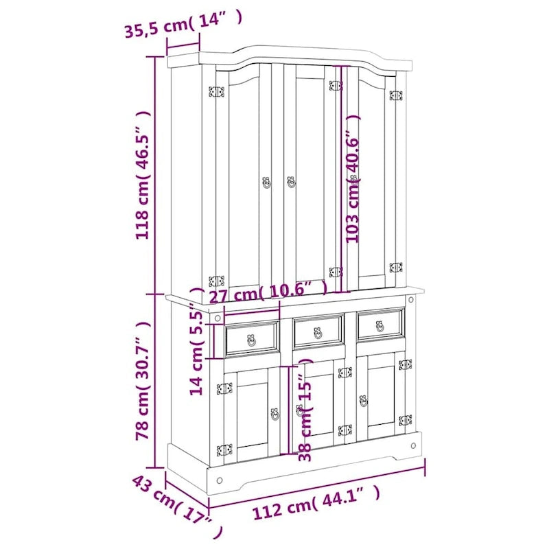 Buffet haut, 112x43x196 cm, blanc et plateau finition naturelle