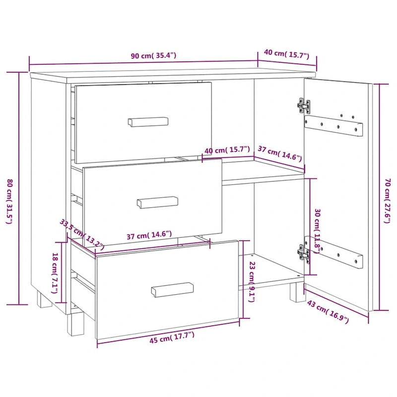 Meuble buffet/bahut avec rangement pour cuisine - En pin massif 90x40x80 cm
