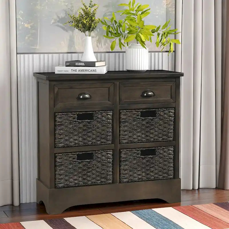 Meuble de rangement rustique avec 2 tiroirs et 4 paniers en rotin - 71,1 cm (L) x 30 cm (l) x 71,1 cm (H)