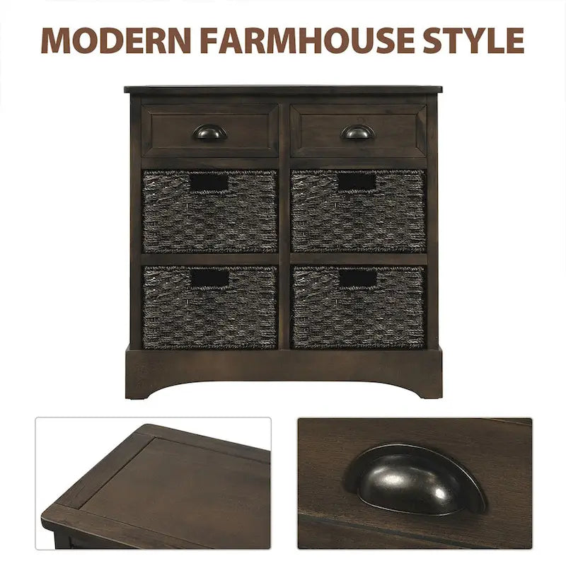 Meuble de rangement rustique avec 2 tiroirs et 4 paniers en rotin - 71,1 cm (L) x 30 cm (l) x 71,1 cm (H)