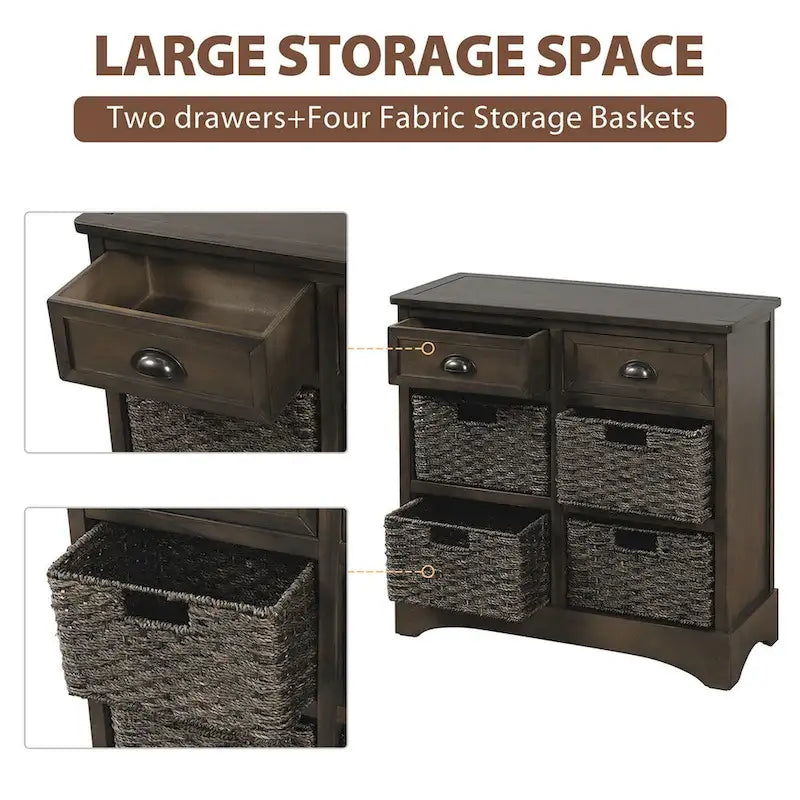Meuble de rangement rustique avec 2 tiroirs et 4 paniers en rotin - 71,1 cm (L) x 30 cm (l) x 71,1 cm (H)
