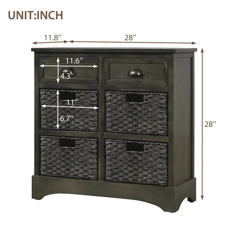 Meuble de rangement rustique avec 2 tiroirs et 4 paniers en rotin - 71,1 cm (L) x 30 cm (l) x 71,1 cm (H)