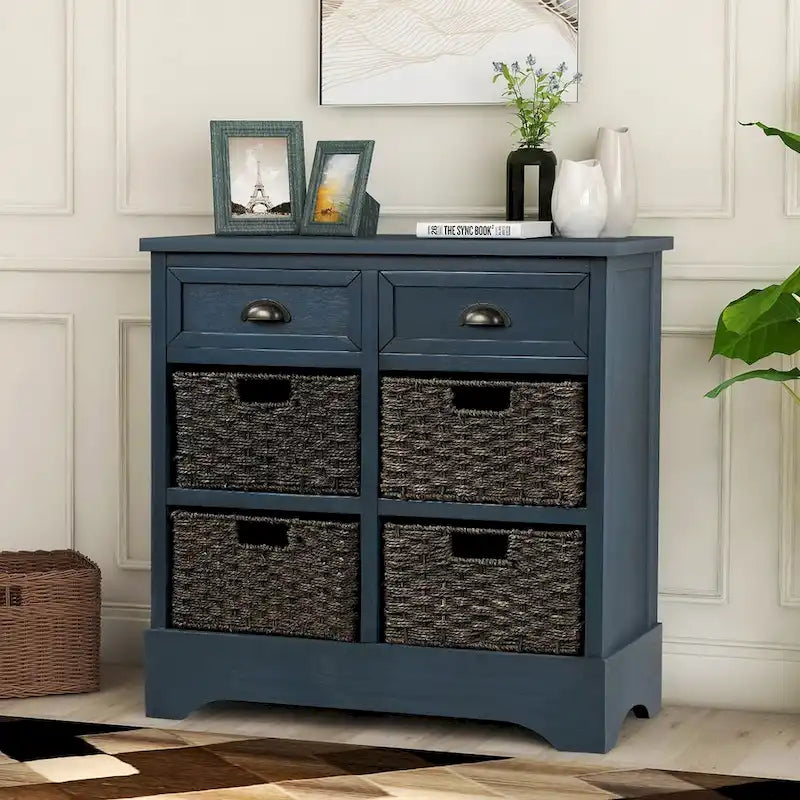 Meuble de rangement rustique avec 2 tiroirs et 4 paniers en rotin - 71,1 cm (L) x 30 cm (l) x 71,1 cm (H)