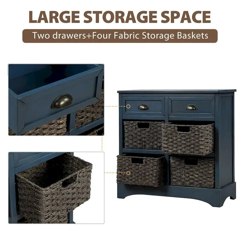 Meuble de rangement rustique avec 2 tiroirs et 4 paniers en rotin - 71,1 cm (L) x 30 cm (l) x 71,1 cm (H)