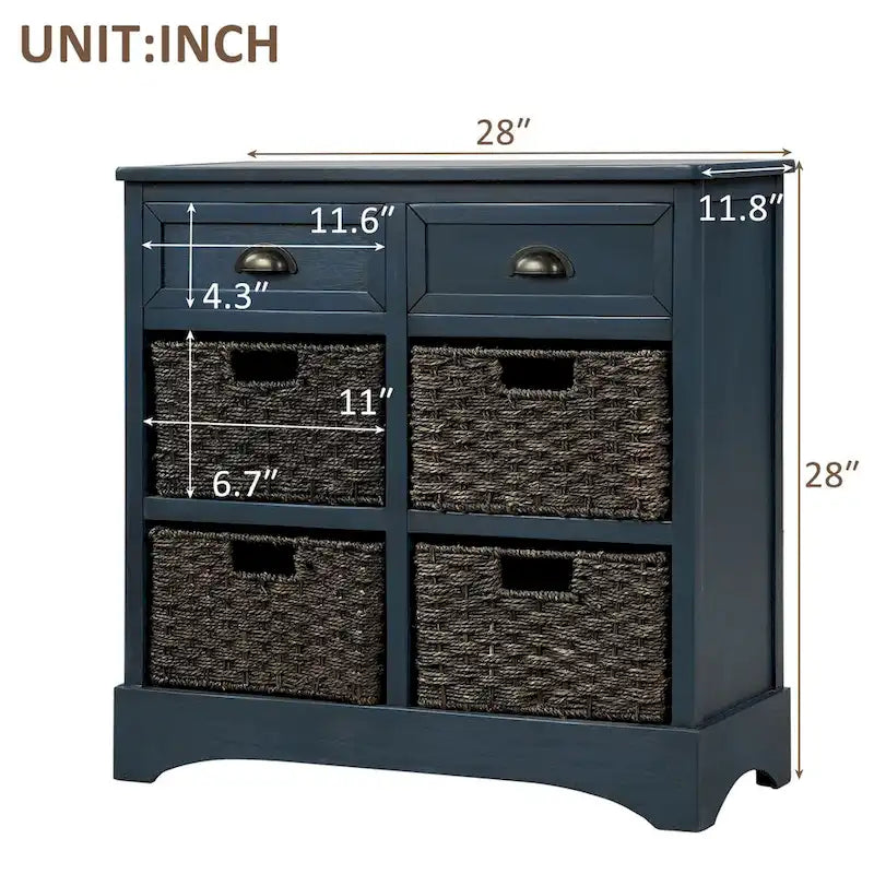 Meuble de rangement rustique avec 2 tiroirs et 4 paniers en rotin - 71,1 cm (L) x 30 cm (l) x 71,1 cm (H)