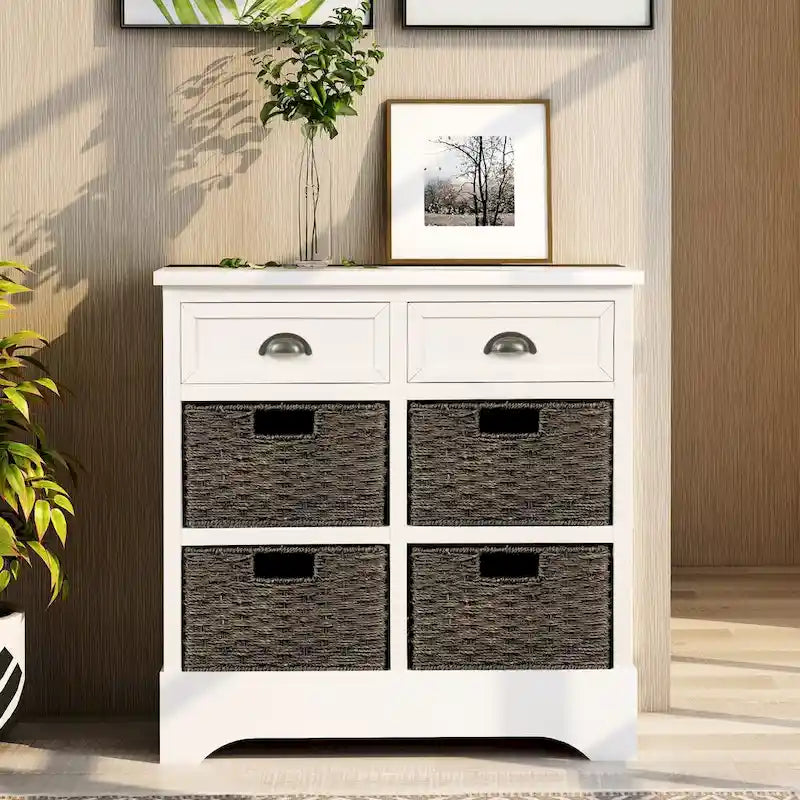 Meuble de rangement rustique avec 2 tiroirs et 4 paniers en rotin - 71,1 cm (L) x 30 cm (l) x 71,1 cm (H)
