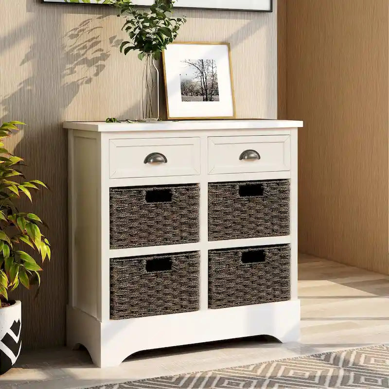 Meuble de rangement rustique avec 2 tiroirs et 4 paniers en rotin - 71,1 cm (L) x 30 cm (l) x 71,1 cm (H)