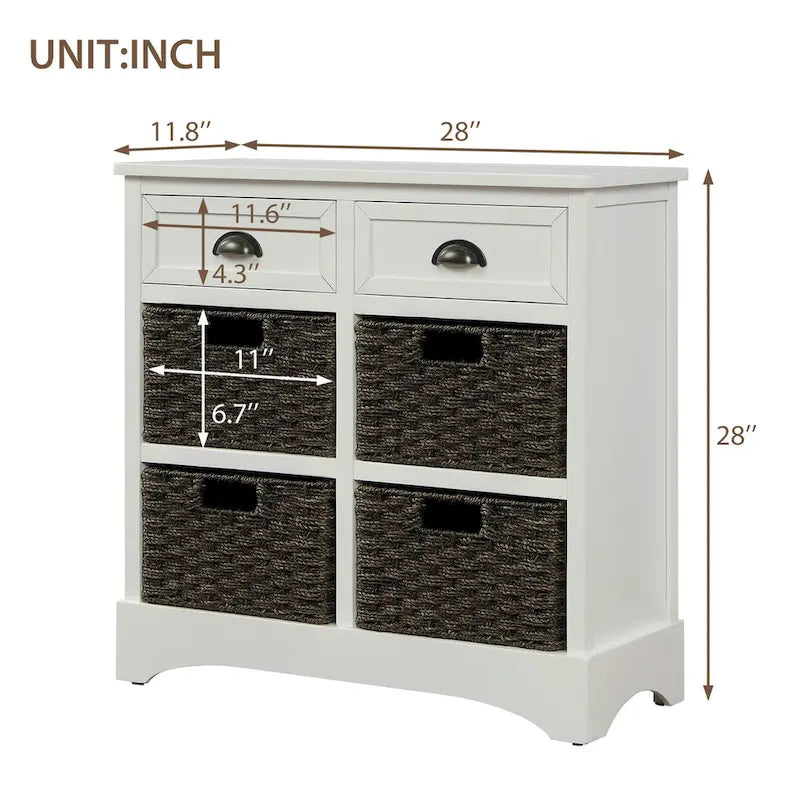 Meuble de rangement rustique avec 2 tiroirs et 4 paniers en rotin - 71,1 cm (L) x 30 cm (l) x 71,1 cm (H)