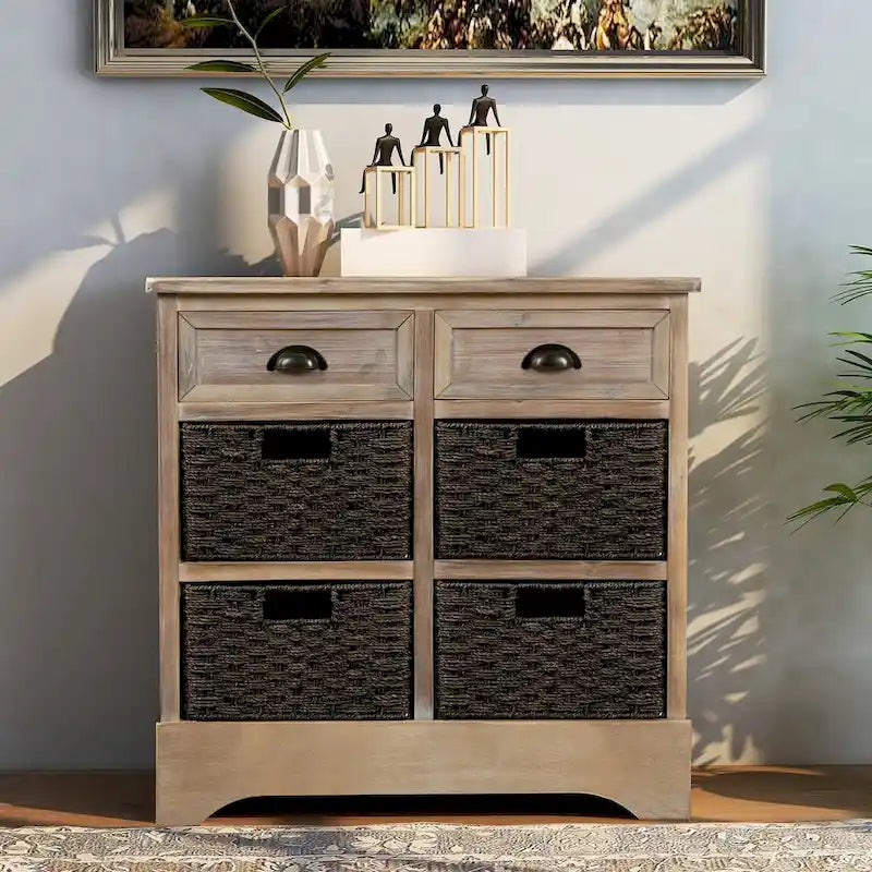 Meuble de rangement rustique avec 2 tiroirs et 4 paniers en rotin - 71,1 cm (L) x 30 cm (l) x 71,1 cm (H)