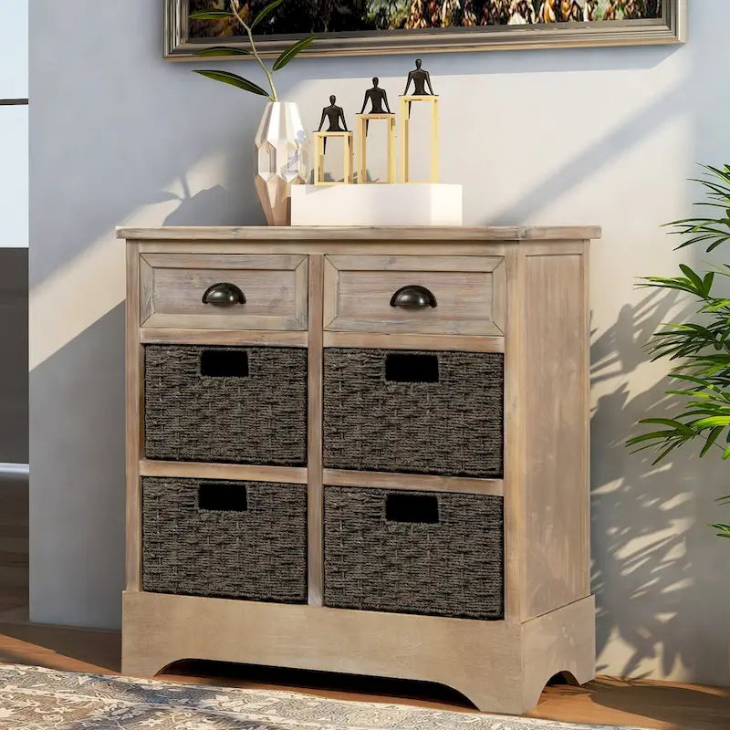 Meuble de rangement rustique avec 2 tiroirs et 4 paniers en rotin - 71,1 cm (L) x 30 cm (l) x 71,1 cm (H)