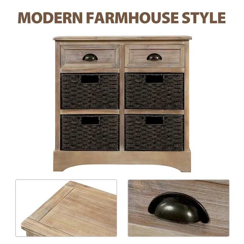 Meuble de rangement rustique avec 2 tiroirs et 4 paniers en rotin - 71,1 cm (L) x 30 cm (l) x 71,1 cm (H)