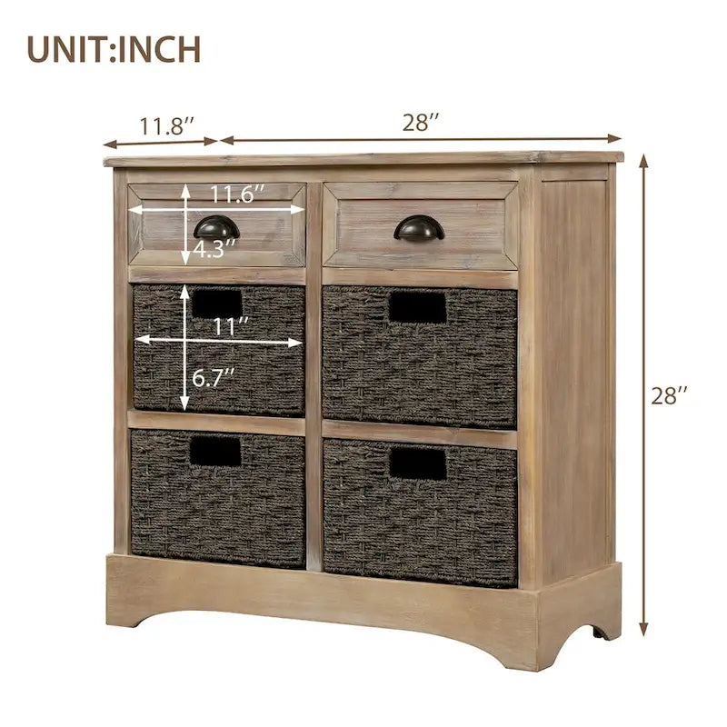 Meuble de rangement rustique avec 2 tiroirs et 4 paniers en rotin - 71,1 cm (L) x 30 cm (l) x 71,1 cm (H)