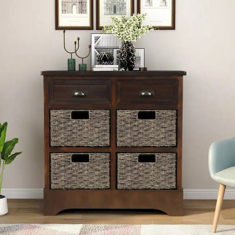 Meuble de rangement rustique avec 2 tiroirs et 4 paniers en rotin - 71,1 cm (L) x 30 cm (l) x 71,1 cm (H)