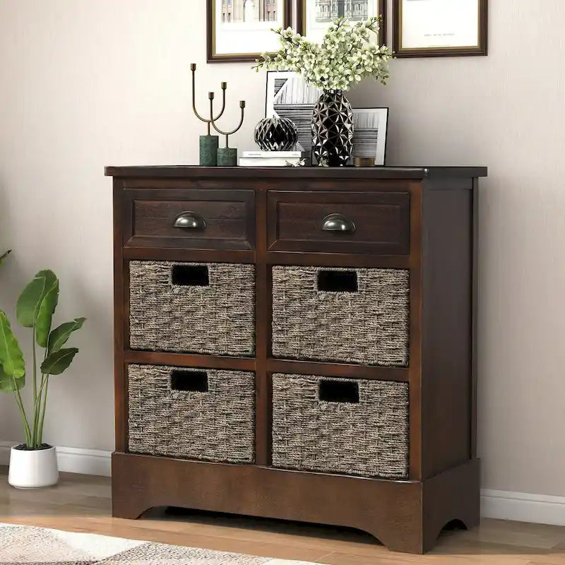 Meuble de rangement rustique avec 2 tiroirs et 4 paniers en rotin - 71,1 cm (L) x 30 cm (l) x 71,1 cm (H)
