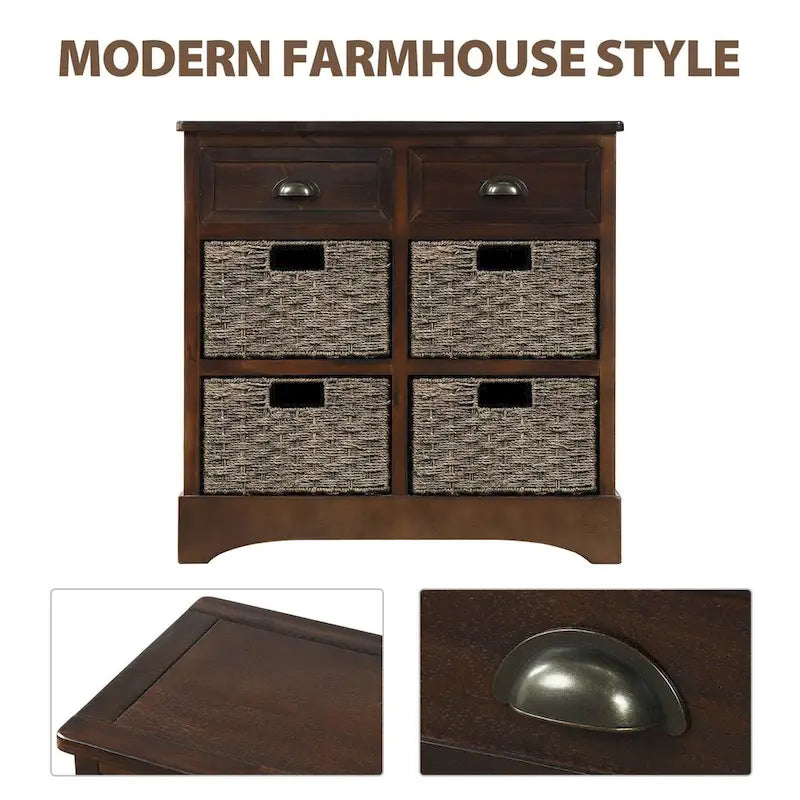 Meuble de rangement rustique avec 2 tiroirs et 4 paniers en rotin - 71,1 cm (L) x 30 cm (l) x 71,1 cm (H)