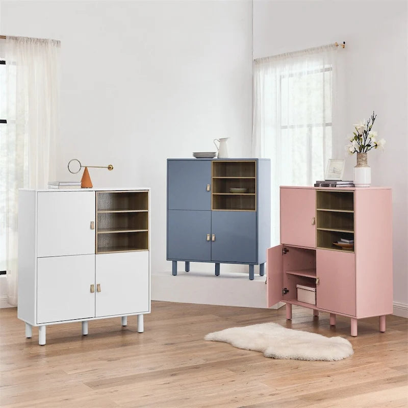 Bahut moderne en bois avec pieds ronds et étagère