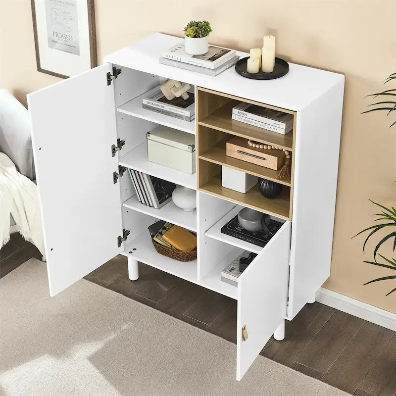 Bahut moderne en bois avec pieds ronds et étagère