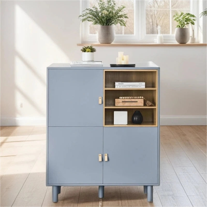 Bahut moderne en bois avec pieds ronds et étagère