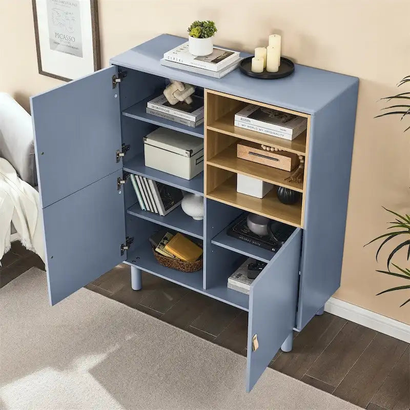 Bahut moderne en bois avec pieds ronds et étagère