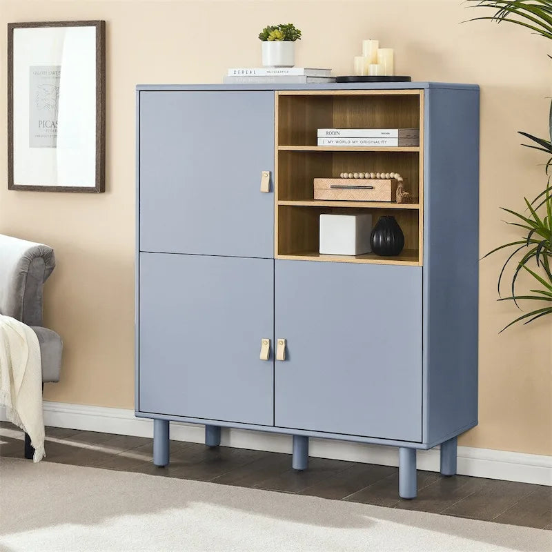 Bahut moderne en bois avec pieds ronds et étagère