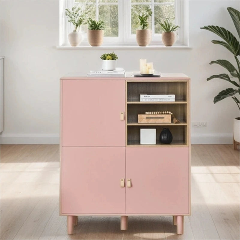 Bahut moderne en bois avec pieds ronds et étagère