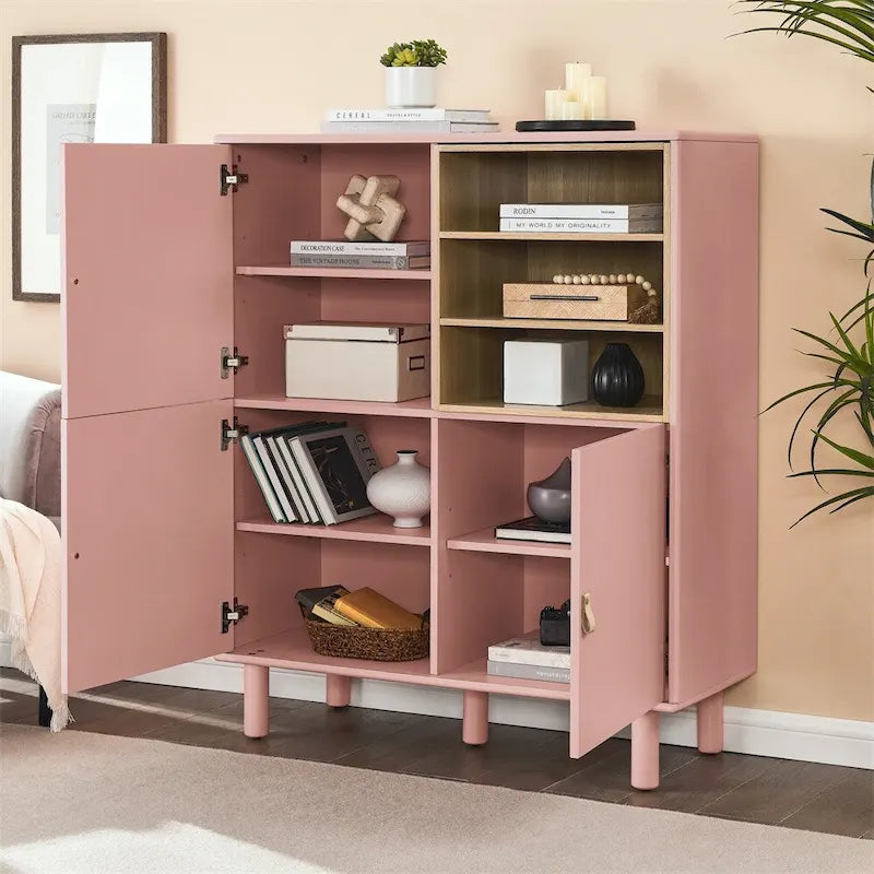 Bahut moderne en bois avec pieds ronds et étagère