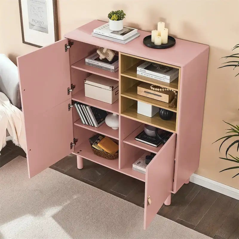 Bahut moderne en bois avec pieds ronds et étagère
